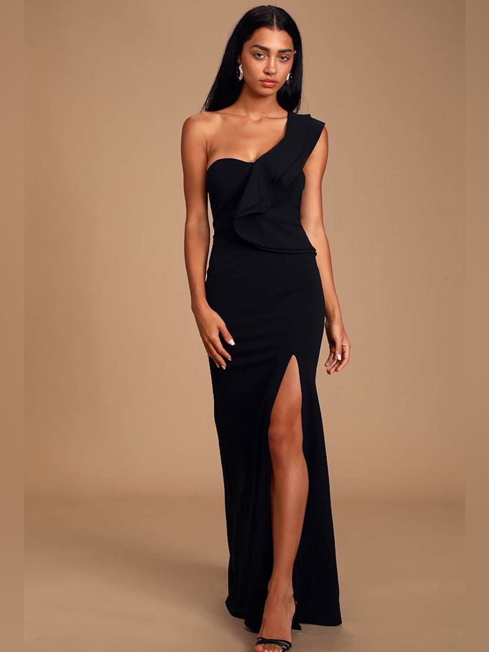 NWT Lulu’s Kiss Me Again Black Ruffled One-Shoulder Maxi Dress Size XS